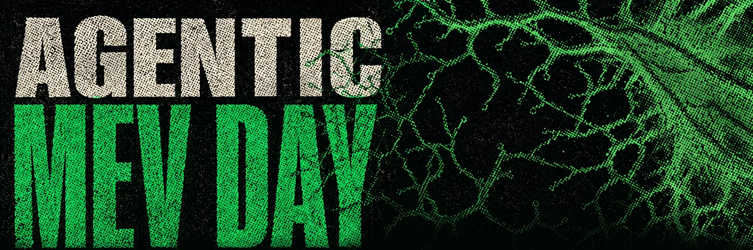 A cream-and-green halftone Agentic MEV Day title sits beside a branching green network on black.